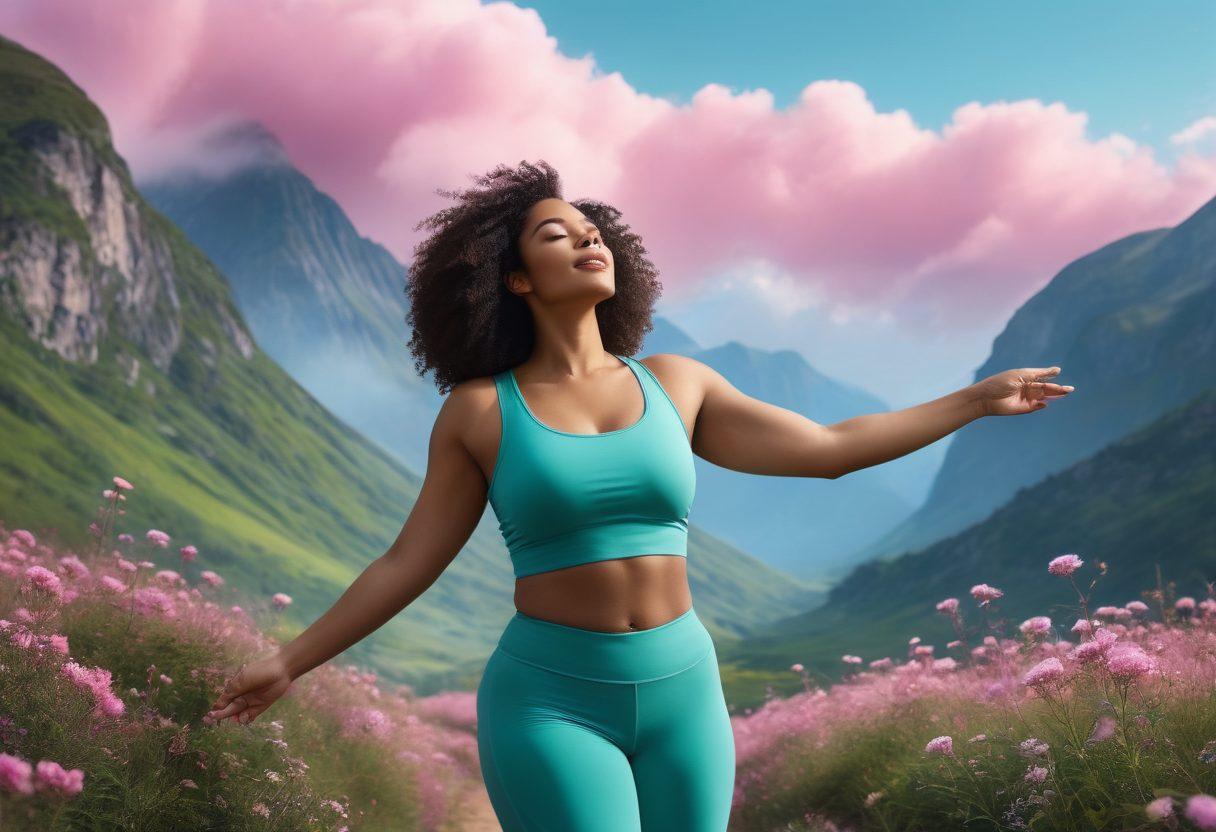 A confident woman of diverse ethnicity standing proudly in a radiant, natural landscape, surrounded by empowering words like 'strength', 'health', and 'beauty' floating in the air. She wears a stylish yet comfortable outfit that celebrates body positivity, embodying a holistic view of women's health. The scene is infused with uplifting colors - greens, blues, and soft pinks - creating a sense of harmony and empowerment. super-realistic. vibrant colors. nature background.