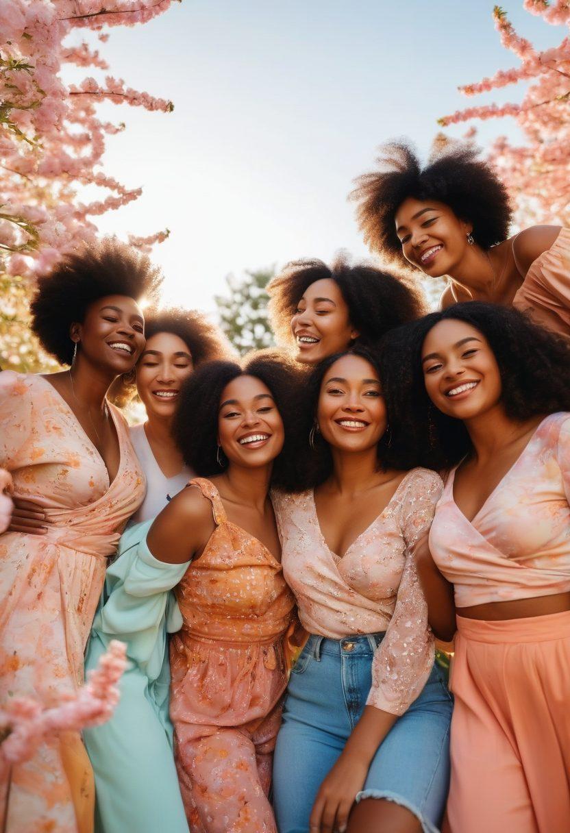 A diverse group of confident women of various body types and ethnicities embracing each other in a sunlit park, surrounded by blooming flowers that symbolize growth and empowerment. The scene conveys a sense of joy, love, and acceptance, with warm colors radiating positivity. Each woman wears clothing that reflects her unique style, celebrating individuality. Paint swirls of soft pastels in the sky to enhance the atmosphere of empowerment and femininity. super-realistic. vibrant colors. soft focus.