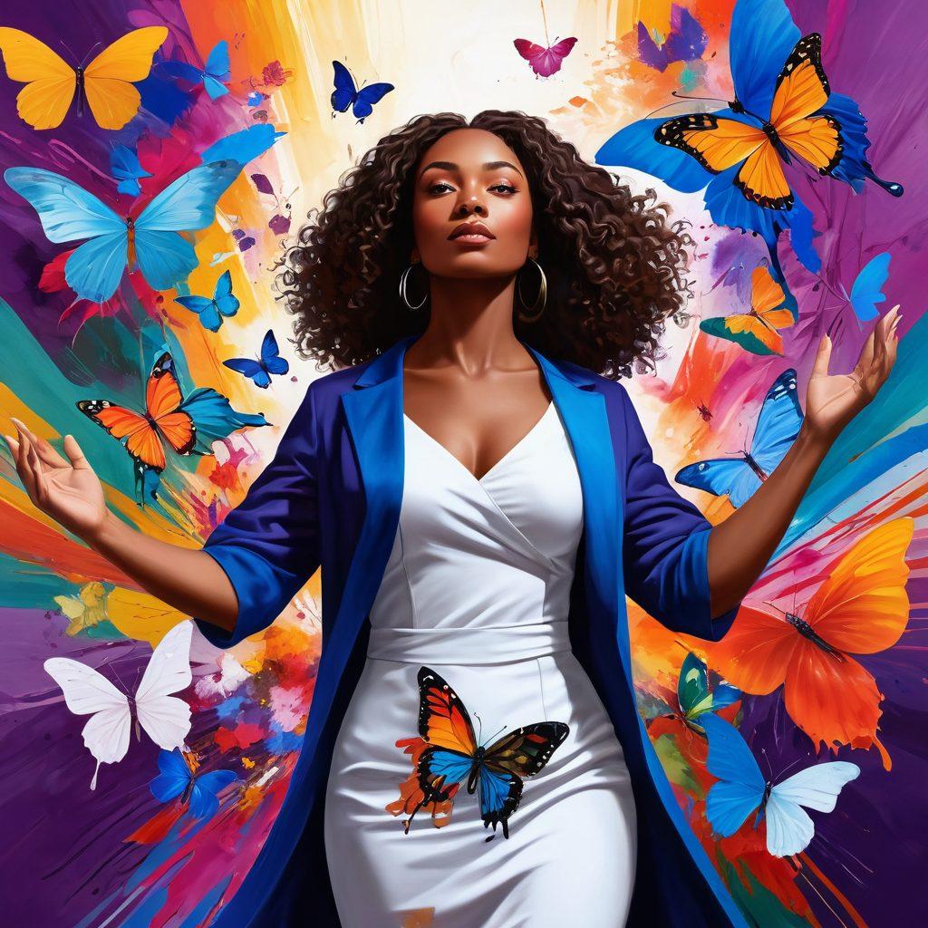 A powerful woman standing confidently with open arms, surrounded by vibrant abstract art representing creativity and empowerment. Incorporate symbols of femininity like flowers and butterflies flying around her, against a bright and uplifting backdrop. Include hints of a diverse group of women in the background, showing unity and strength. vibrant colors. super-realistic.
